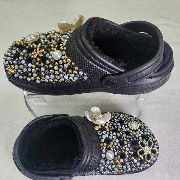 Kids Lined Black Bejeweled Clogs - Picture 3 of 7